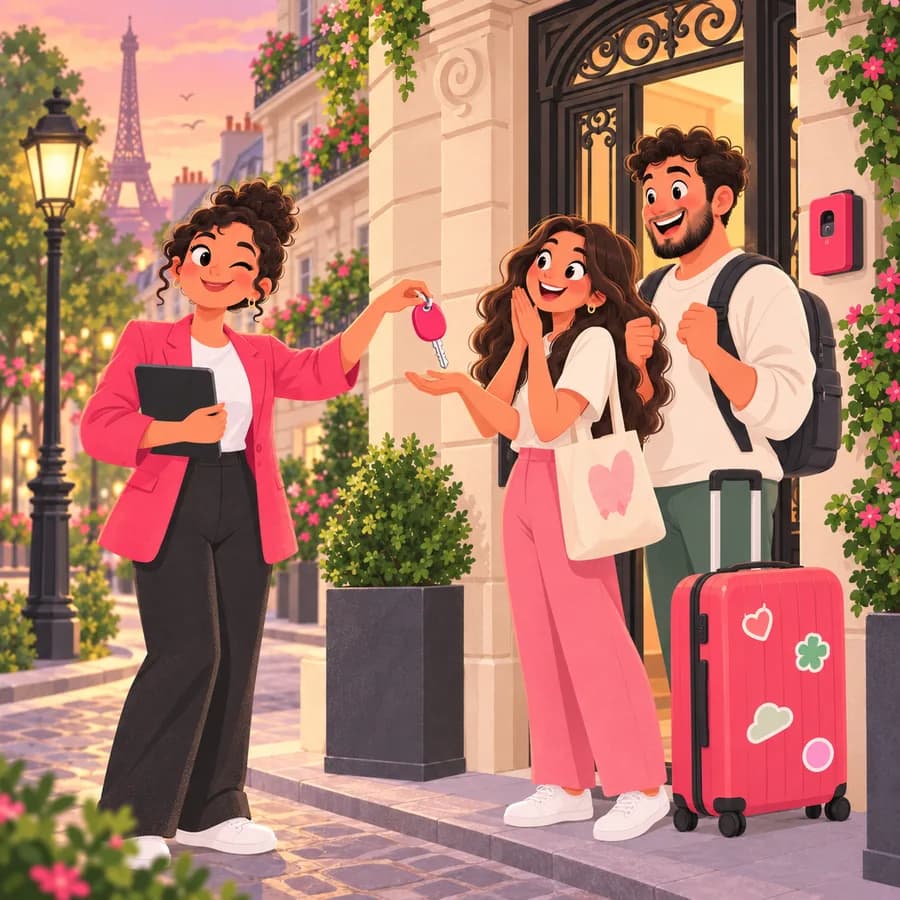 Remise des clés à un couple de voyageurs devant un immeuble parisien